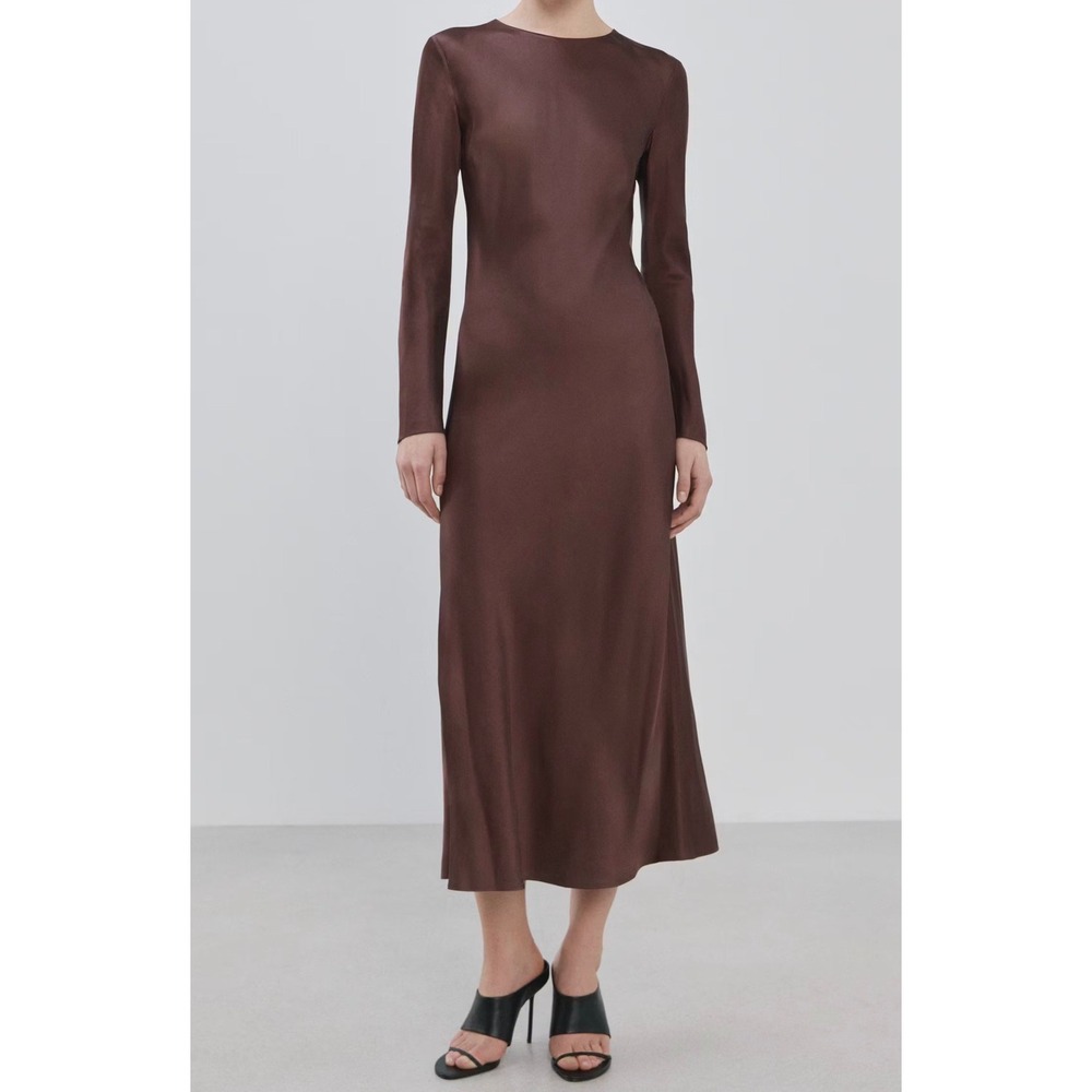 Mango MNG Chocolate Brown Satin Long Sleeve Maxi Dress Side Slit Size 6 M NEW